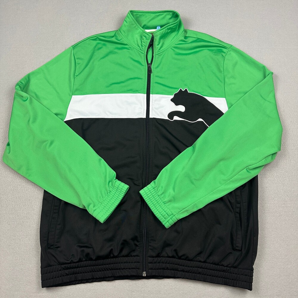 Puma Jacket Men 2XL Green Black Big Logo Full Zip Athletic Warm Up Lifestyke XXL